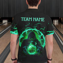 Load image into Gallery viewer, Black and Green Flame Skull Bowling Polo, Quarter Zip Shirt For Men Custom Skull Bowling Team Jerseys NQS9424