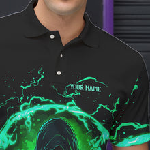 Load image into Gallery viewer, Black and Green Flame Skull Bowling Polo, Quarter Zip Shirt For Men Custom Skull Bowling Team Jerseys NQS9424