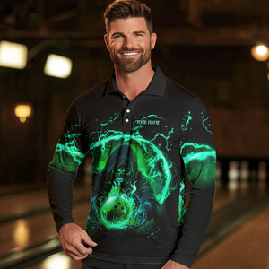 Black and Green Flame Skull Bowling Polo, Quarter Zip Shirt For Men Custom Skull Bowling Team Jerseys NQS9424