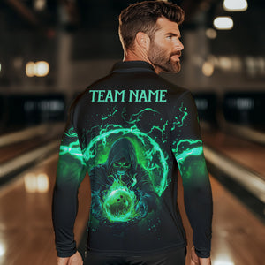 Black and Green Flame Skull Bowling Polo, Quarter Zip Shirt For Men Custom Skull Bowling Team Jerseys NQS9424