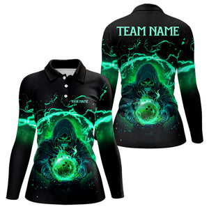 Black and Green Flame Skull Bowling Polo, Quarter Zip Shirt For Women Custom Skull Bowling Team Jersey NQS9424