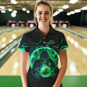 Black and Green Flame Skull Bowling Polo, Quarter Zip Shirt For Women Custom Skull Bowling Team Jersey NQS9424