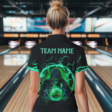 Load image into Gallery viewer, Black and Green Flame Skull Bowling Polo, Quarter Zip Shirt For Women Custom Skull Bowling Team Jersey NQS9424