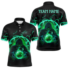 Load image into Gallery viewer, Black and Green Flame Skull Bowling Polo, Quarter Zip Shirt For Men Custom Skull Bowling Team Jerseys NQS9424