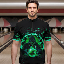 Load image into Gallery viewer, Black and Green Flame Skull Bowling Polo, Quarter Zip Shirt For Men Custom Skull Bowling Team Jerseys NQS9424