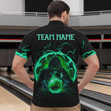 Load image into Gallery viewer, Black and Green Flame Skull Bowling Polo, Quarter Zip Shirt For Men Custom Skull Bowling Team Jerseys NQS9424