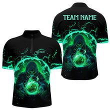 Load image into Gallery viewer, Black and Green Flame Skull Bowling Polo, Quarter Zip Shirt For Men Custom Skull Bowling Team Jerseys NQS9424