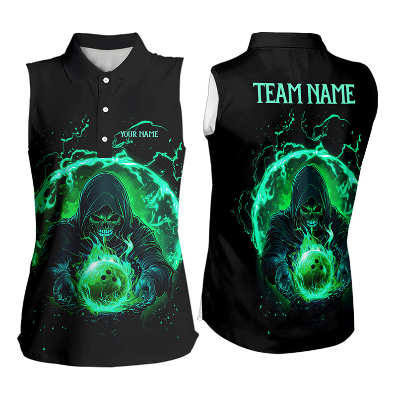 Black and Green Flame Skull Bowling Sleeveless Polo shirt Custom Skull Bowling Team league Jerseys NQS9424