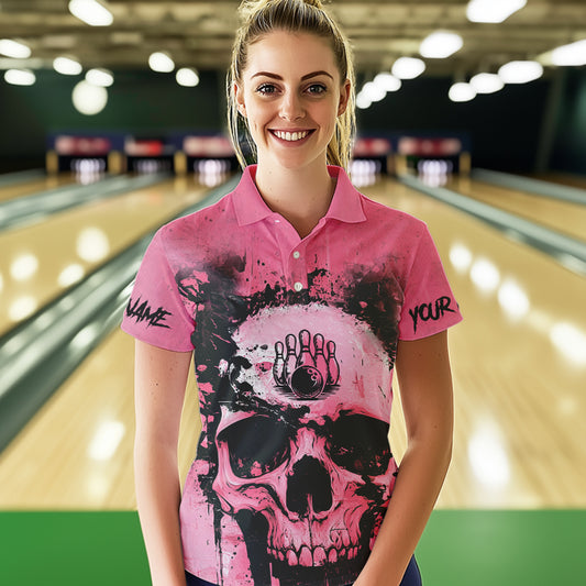 Pink Skull Bowling Polo, Quarter Zip Shirts for Women Custom Skull Bowling Team Shirts Uniform NQS9623