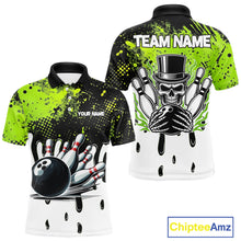 Load image into Gallery viewer, Black and Green Flame Skull Bowling Polo, 1/4 Zip Shirts for Men Custom Bowling Team League Jersey NQS11703