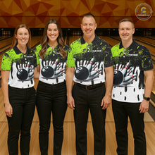 Load image into Gallery viewer, Black and Green Flame Skull Bowling Polo, 1/4 Zip Shirts for Men Custom Bowling Team League Jersey NQS11703