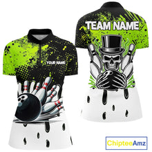 Load image into Gallery viewer, Black and Green Flame Skull Bowling Polo, 1/4 Zip Shirts for Women Custom Bowling Team League Jersey NQS11703