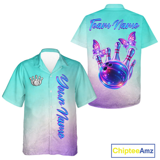 Custom Cyan Blue And Purple Glitter Butterfly Bowling Button-up Team Shirts, Bowling League Shirt NQS11704