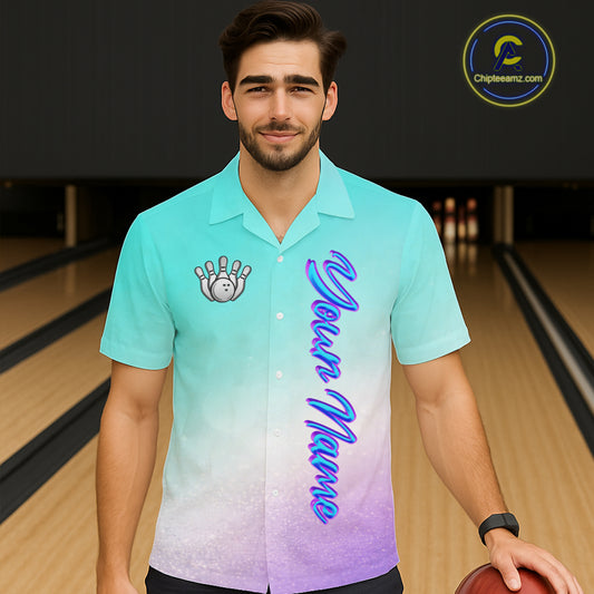 Custom Cyan Blue And Purple Glitter Butterfly Bowling Button-up Team Shirts, Bowling League Shirt NQS11704