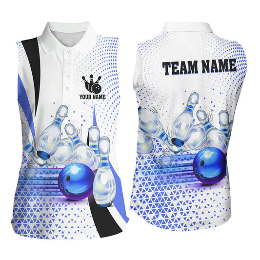 Women sleeveless Polos shirt Custom bowling ball pins bowling team shirts, gifts for bowlers | Blue NQS7393