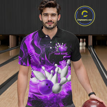 Load image into Gallery viewer, Black And Purple Flame Custom Bowling Shirts For Men, Flame Bowling League Shirts Outfits NQS9809