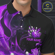 Load image into Gallery viewer, Black And Purple Flame Custom Bowling Shirts For Men, Flame Bowling League Shirts Outfits NQS9809