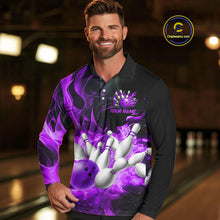 Load image into Gallery viewer, Black And Purple Flame Custom Bowling Shirts For Men, Flame Bowling League Shirts Outfits NQS9809