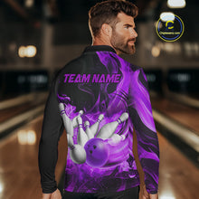 Load image into Gallery viewer, Black And Purple Flame Custom Bowling Shirts For Men, Flame Bowling League Shirts Outfits NQS9809