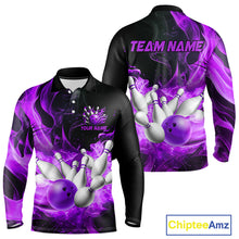 Load image into Gallery viewer, Black And Purple Flame Custom Bowling Shirts For Men, Flame Bowling League Shirts Outfits NQS9809