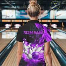 Load image into Gallery viewer, Black And Purple Flame Custom Bowling Shirts For Women, Flame Bowling League Shirts Outfits NQS9809