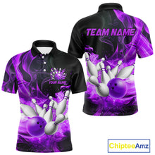 Load image into Gallery viewer, Black And Purple Flame Custom Bowling Shirts For Men, Flame Bowling League Shirts Outfits NQS9809
