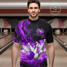 Load image into Gallery viewer, Black And Purple Flame Custom Bowling Shirts For Men, Flame Bowling League Shirts Outfits NQS9809