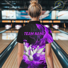 Load image into Gallery viewer, Black And Purple Flame Custom Bowling Shirts For Women, Flame Bowling League Shirts Outfits NQS9809
