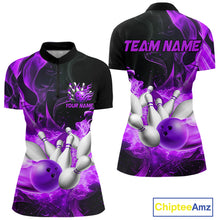 Load image into Gallery viewer, Black And Purple Flame Custom Bowling Shirts For Women, Flame Bowling League Shirts Outfits NQS9809