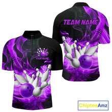 Load image into Gallery viewer, Black And Purple Flame Custom Bowling Shirts For Men, Flame Bowling League Shirts Outfits NQS9809