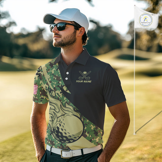 Mens Golf polo shirts flame golf ball Custom green camo Golf attire For Mens, personalized golf gifts NQS10052