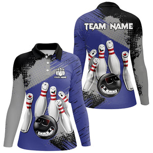 Blue Retro Bowling Shirt For Women Custom Funny Bowling Jersey Team League Bowling Polo, 1/4 Zip Shirt NQS8398