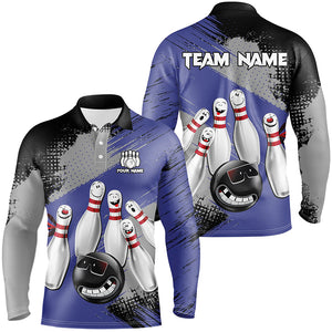 Blue Retro Bowling Shirt For Men Custom Funny Bowling Jersey Team League Bowling Polo, 1/4 Zip Shirt NQS8398