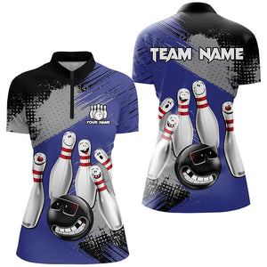 Blue Retro Bowling Shirt For Women Custom Funny Bowling Jersey Team League Bowling Polo, 1/4 Zip Shirt NQS8398