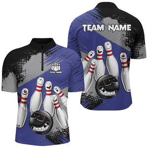 Blue Retro Bowling Shirt For Men Custom Funny Bowling Jersey Team League Bowling Polo, 1/4 Zip Shirt NQS8398
