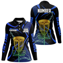 Load image into Gallery viewer, Black and Blue Women disc golf polo shirt custom lightning thunder disc golf basket, disc golf gift NQS9088