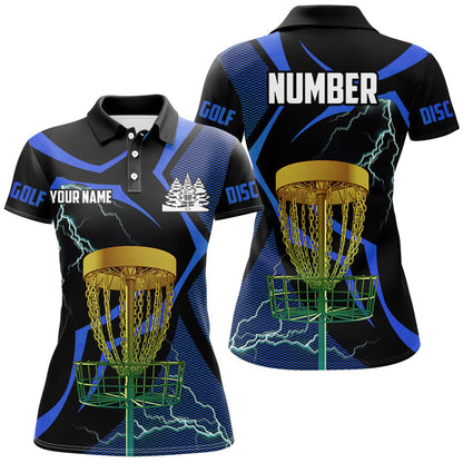 Black and Blue Women disc golf polo shirt custom lightning thunder disc golf basket, disc golf gift NQS9088