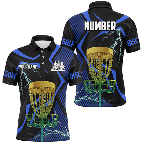 Black and Blue Men disc golf polo shirt custom lightning thunder disc golf basket, disc golf gifts NQS9088