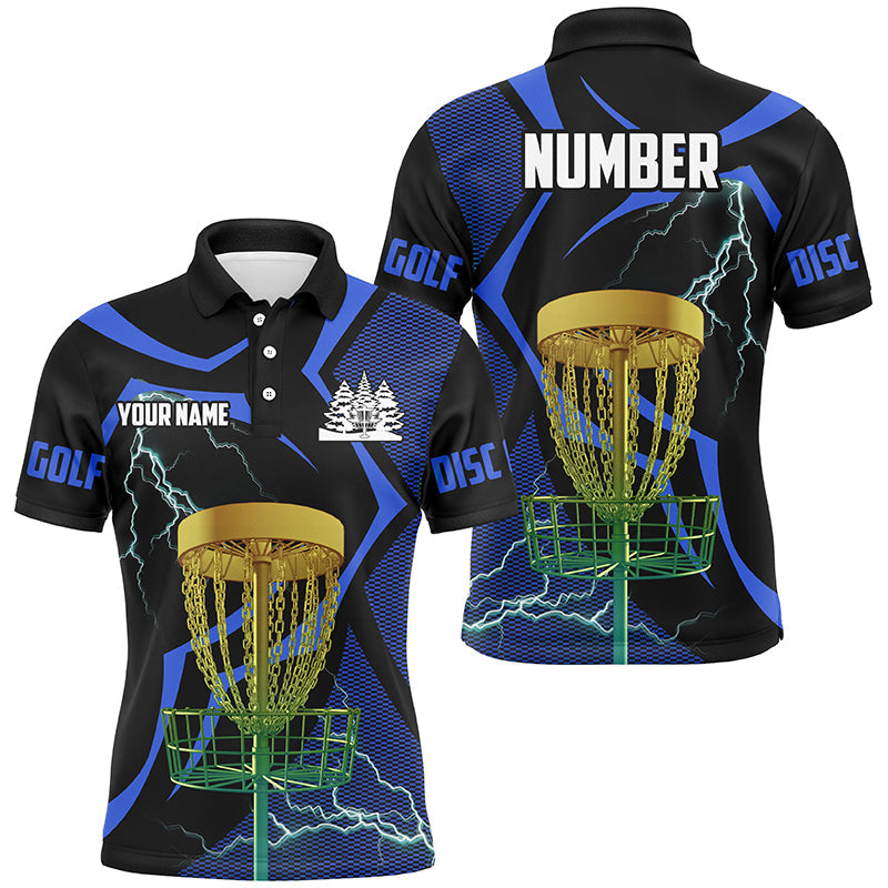 Black and Blue Men disc golf polo shirt custom lightning thunder disc golf basket, disc golf gifts NQS9088