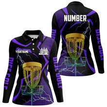 Load image into Gallery viewer, Black &amp; Purple Women disc golf polo shirt custom lightning thunder disc golf basket, disc golf gift NQS9089