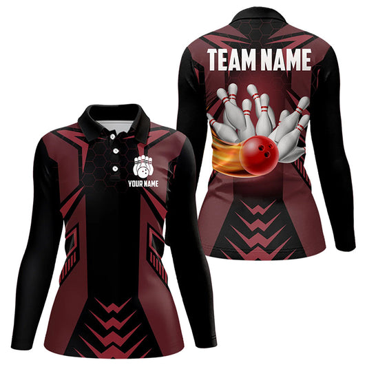 Personalized Black and Red Flame Bowling Polo, Quarter Zip Shirts For Women Custom Bowling Team Jersey NQS9097