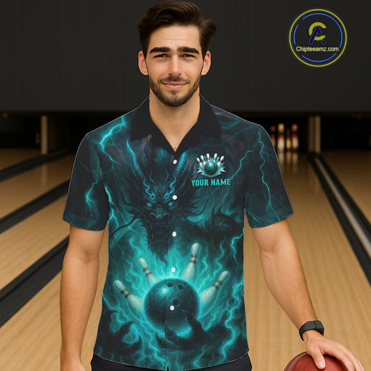 Personalized Black and Turquoise Flame Lightning Dragon Bowling Hawaiian Shirt, Team Bowling Jersey NQS11168