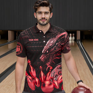 Black and Red Dragon Tribal Bowling Polo, 1/4 Zip Shirts For Men Custom Retro Bowling Team Jerseys NQS9629