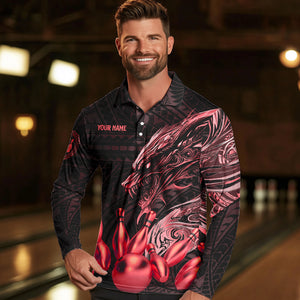 Black and Red Dragon Tribal Bowling Polo, 1/4 Zip Shirts For Men Custom Retro Bowling Team Jerseys NQS9629