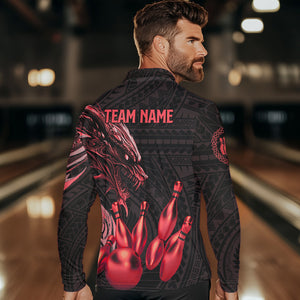 Black and Red Dragon Tribal Bowling Polo, 1/4 Zip Shirts For Men Custom Retro Bowling Team Jerseys NQS9629