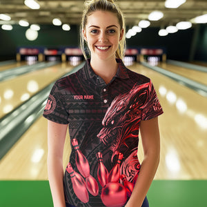 Black and Red Dragon Tribal Bowling Polo, 1/4 Zip Shirts For Women Custom Retro Bowling Team Jerseys NQS9629