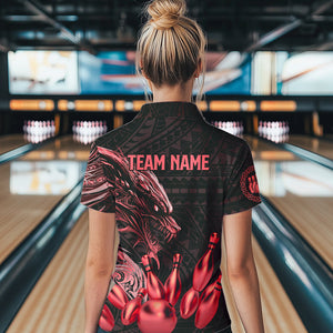 Black and Red Dragon Tribal Bowling Polo, 1/4 Zip Shirts For Women Custom Retro Bowling Team Jerseys NQS9629