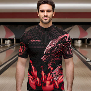 Black and Red Dragon Tribal Bowling Polo, 1/4 Zip Shirts For Men Custom Retro Bowling Team Jerseys NQS9629