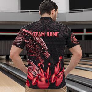 Black and Red Dragon Tribal Bowling Polo, 1/4 Zip Shirts For Men Custom Retro Bowling Team Jerseys NQS9629