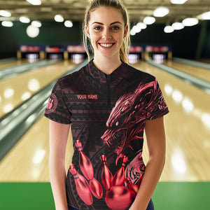 Black and Red Dragon Tribal Bowling Polo, 1/4 Zip Shirts For Women Custom Retro Bowling Team Jerseys NQS9629